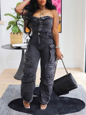 Denim Strapless Cargo Jumpsuits