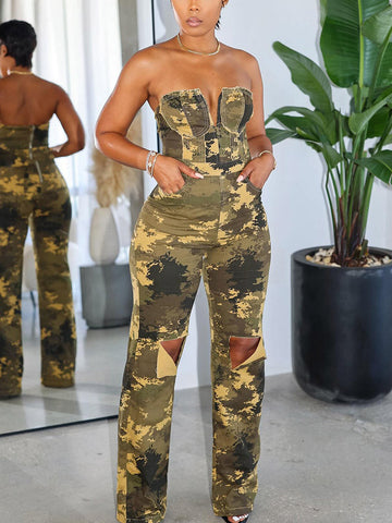 Ripped Strapless Camo Jumpsuits
