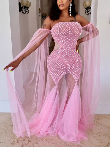 Pearl Rhinestone Tulle Prom Dresses