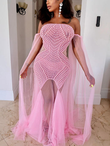 Pearl Rhinestone Tulle Prom Dresses