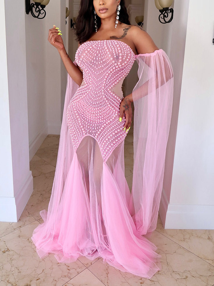 Pearl Rhinestone Tulle Prom Dresses