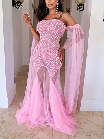 Pearl Rhinestone Tulle Prom Dresses