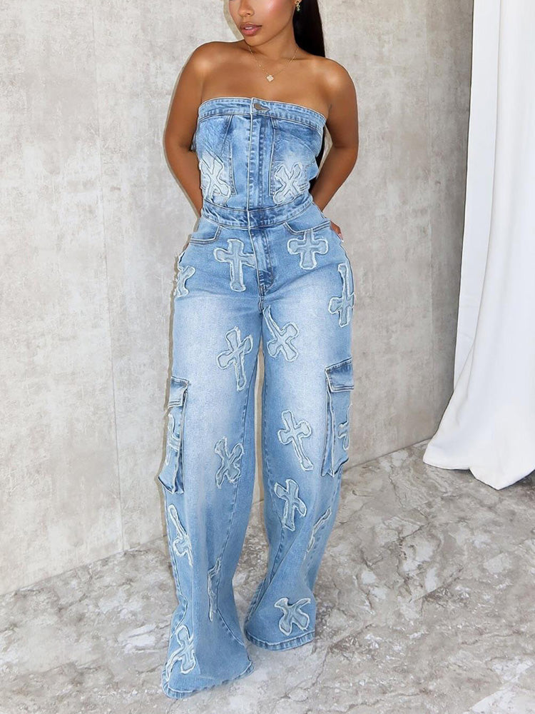 Cross Strapless Denim Jumpsuits