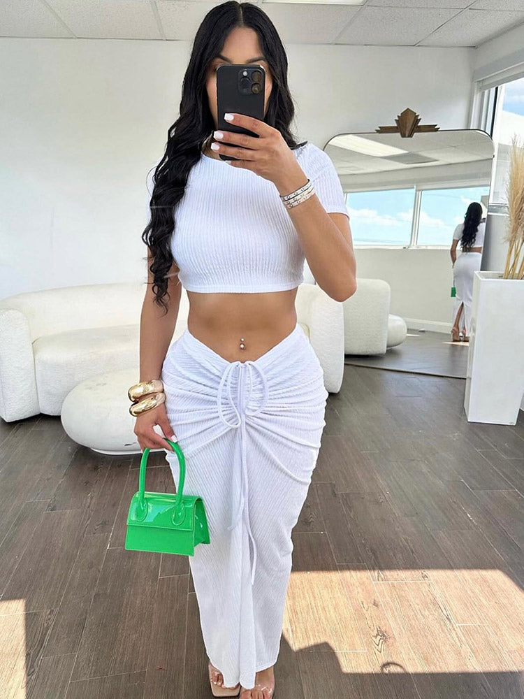 Crop Top Drawstring Skirt Set