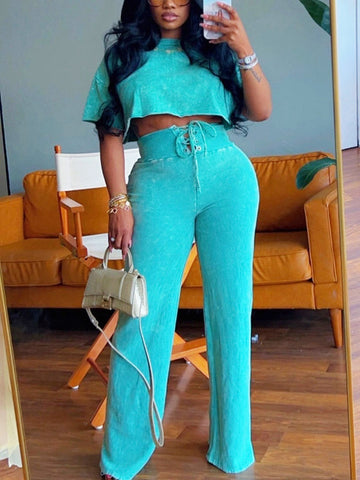 Crop Top Lace Up Pants Set