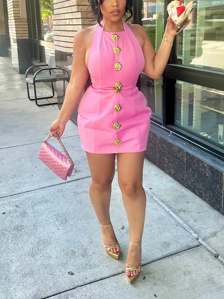 Halter Gold Button Mini Dresses