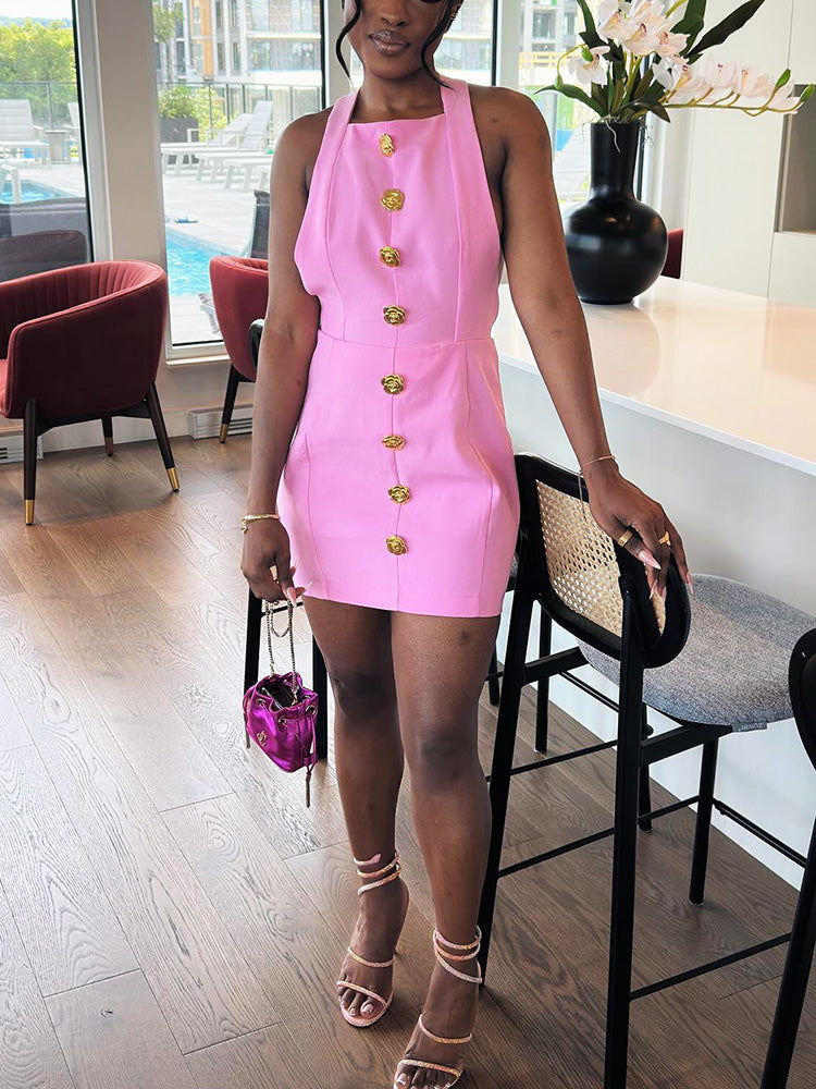 Halter Gold Button Mini Dresses