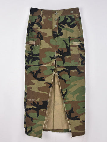 Camo Denim Button High Split Skirts