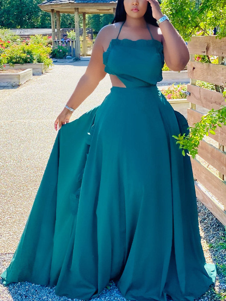 Ruffle Halter Backless Maxi Dresses