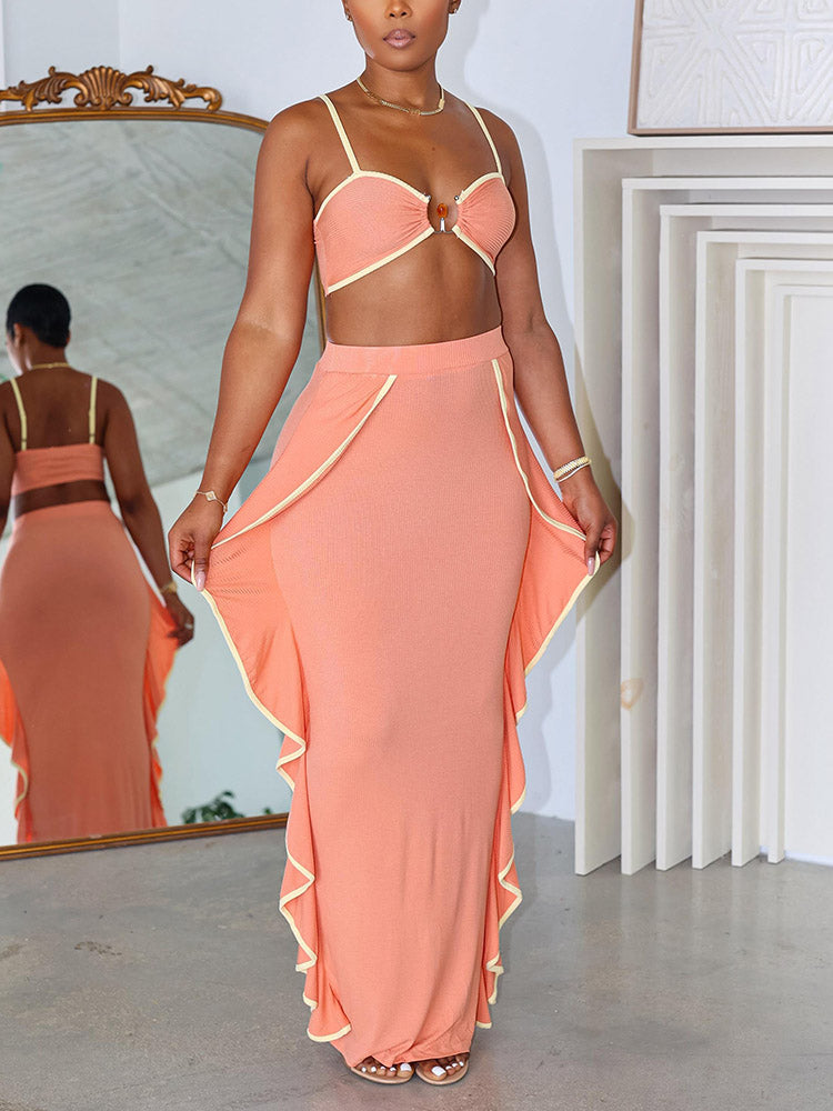 Ribbed Bralette Ruffle Trim Skirt Set