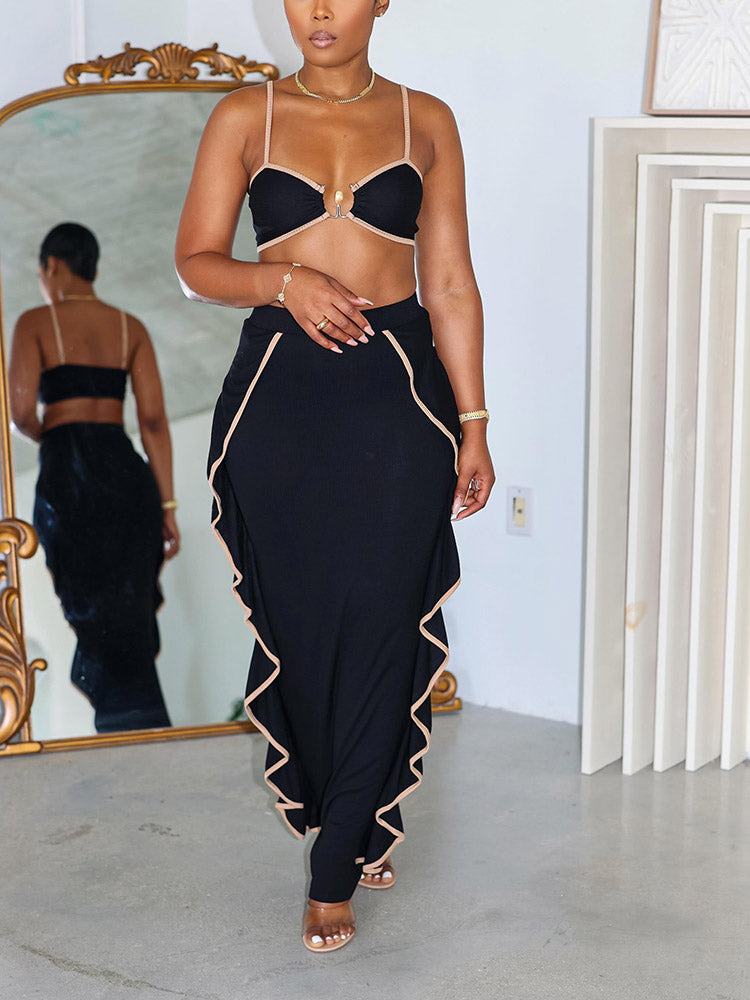 Ribbed Bralette Ruffle Trim Skirt Set