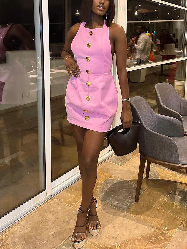 Halter Gold Button Mini Dresses