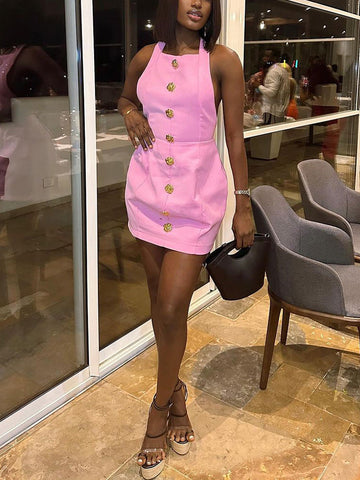 Halter Gold Button Mini Dresses