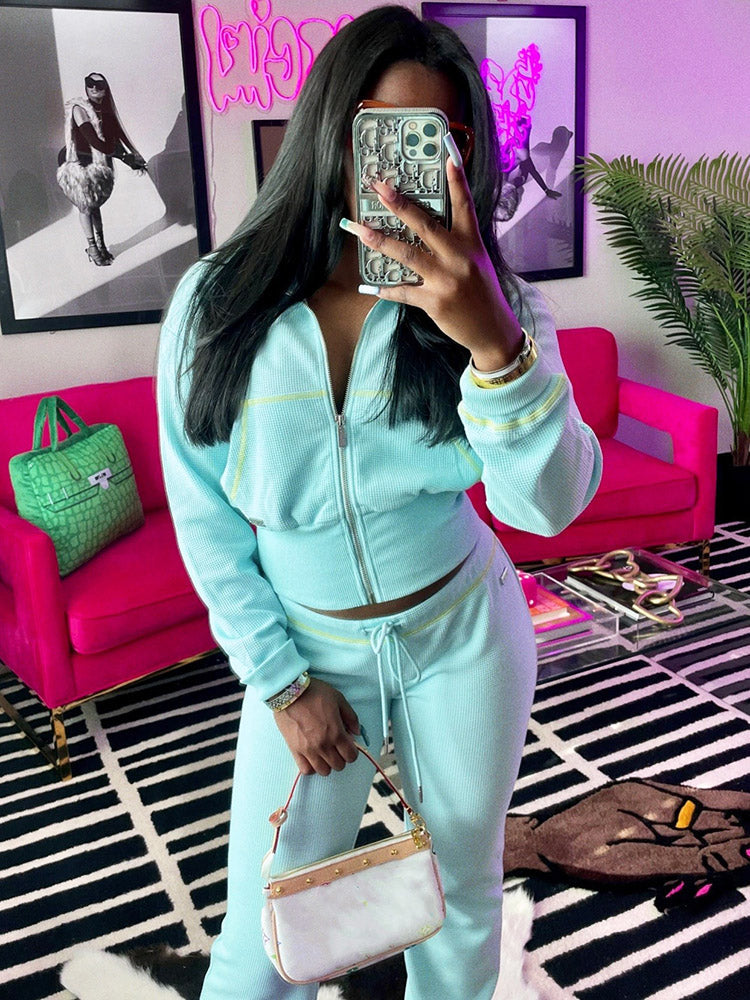 Waffle Jacket  Flare Pants Set