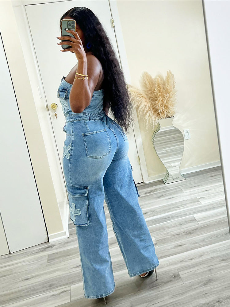 Cross Strapless Denim Jumpsuits