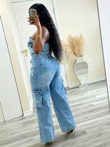 Cross Strapless Denim Jumpsuits