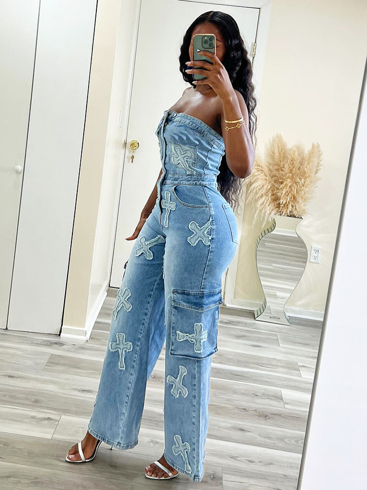 Cross Strapless Denim Jumpsuits