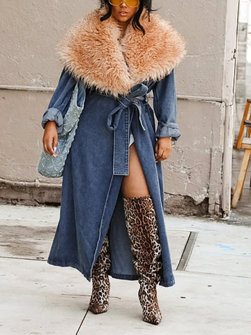 Fur Collar Denim Trench Coats