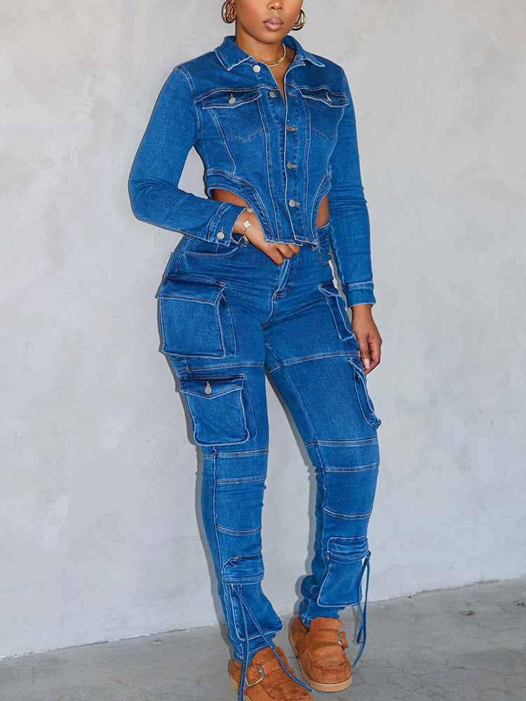 Denim Asymmetrical Jacket  Cargo Jeans Set