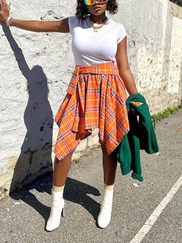 Asymmetric Plaid Midi Skirts