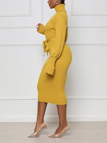 Turtleneck Knit Tie Waist Dresses