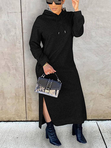 Slant Pockets Drawstring Hoodie Dresses