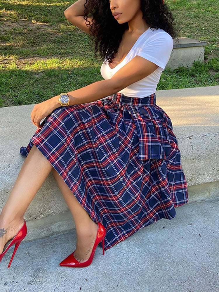 Asymmetric Plaid Midi Skirts