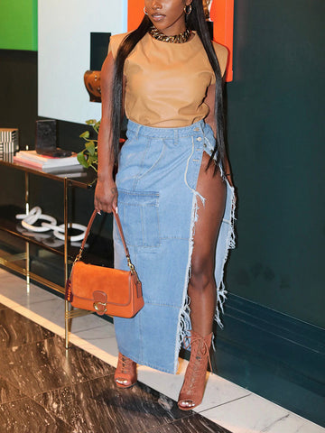 Denim Button High Split Skirts