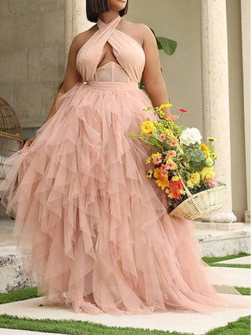 Backless Halter Mesh Party Maxi Dresses