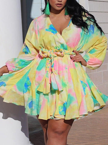 Tie Dye With Belt V Neck Dresses