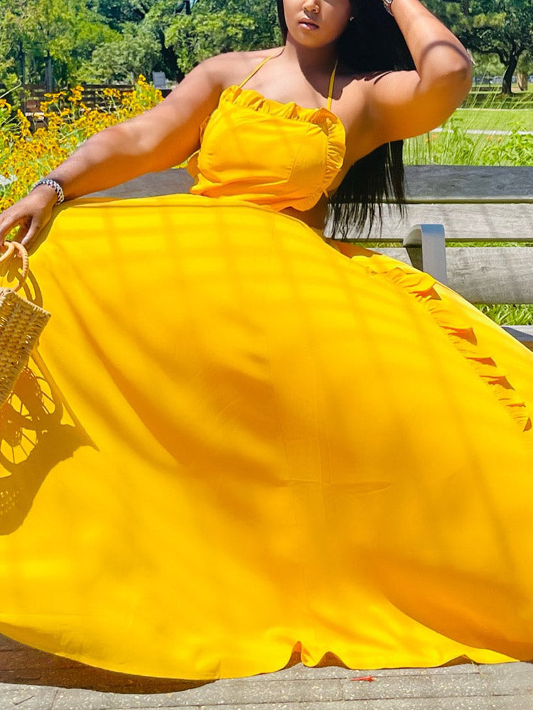 Ruffle Halter Backless Maxi Dresses