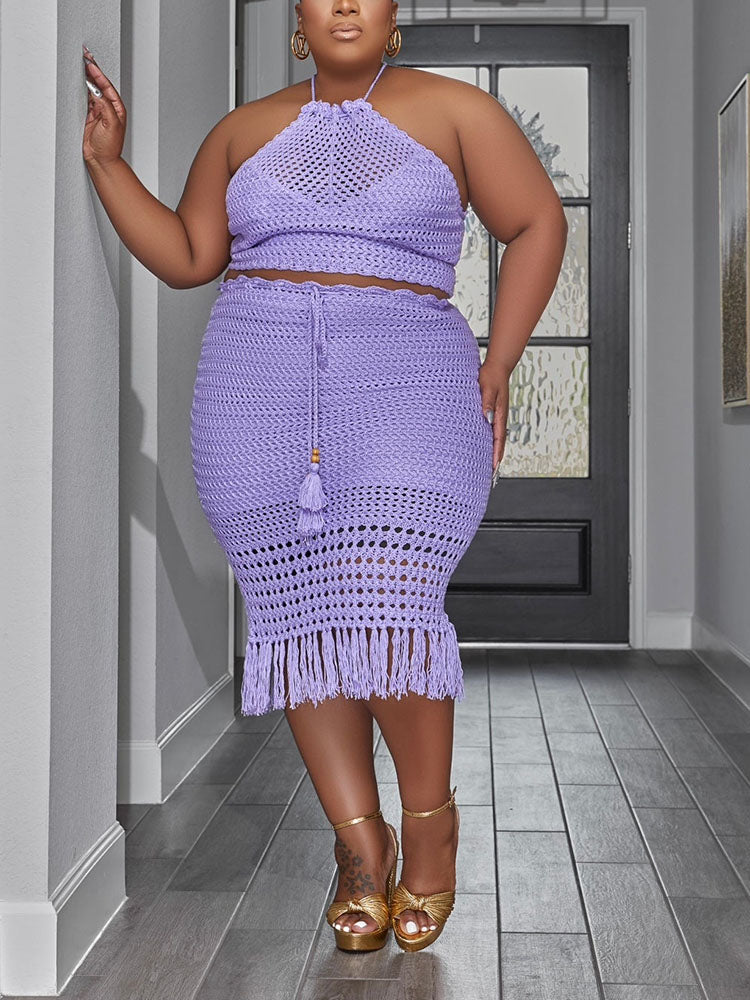Crochet Halter Top Tassels Skirt Set