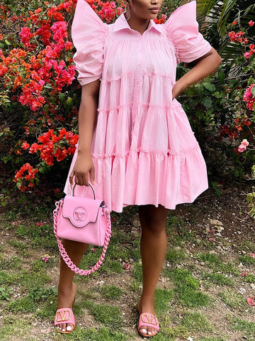 Puff Sleeve Ruffle Shirt Dresses