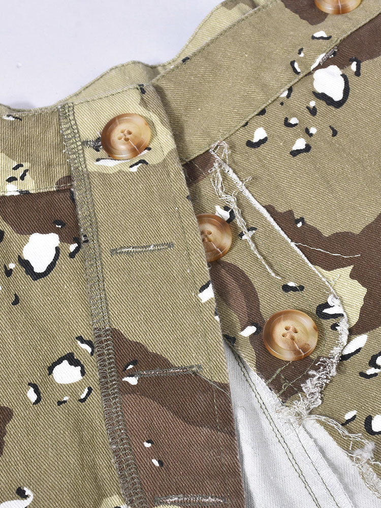 Camo Denim Button High Split Skirts