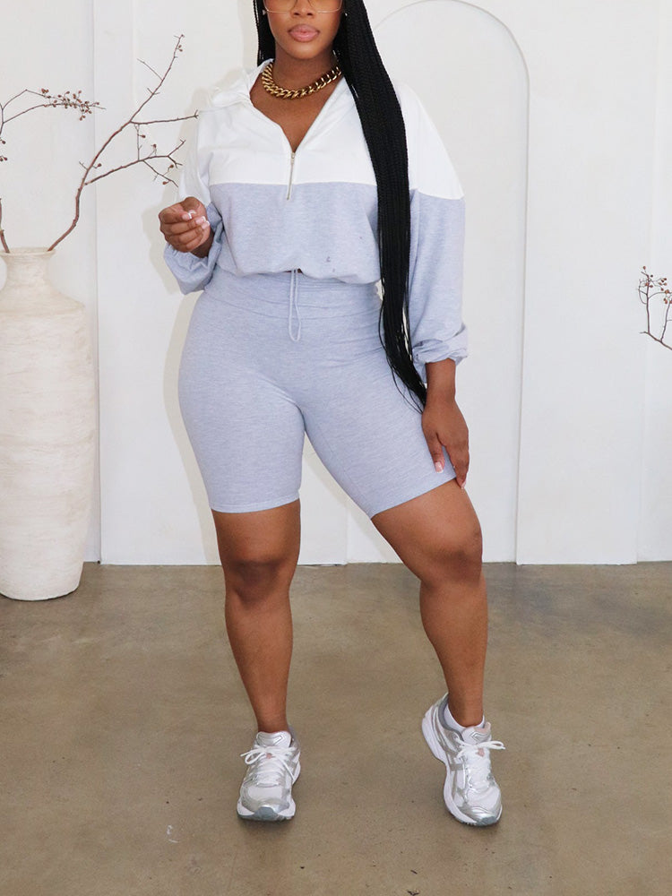 Half Zip Hoodie Biker Shorts Set
