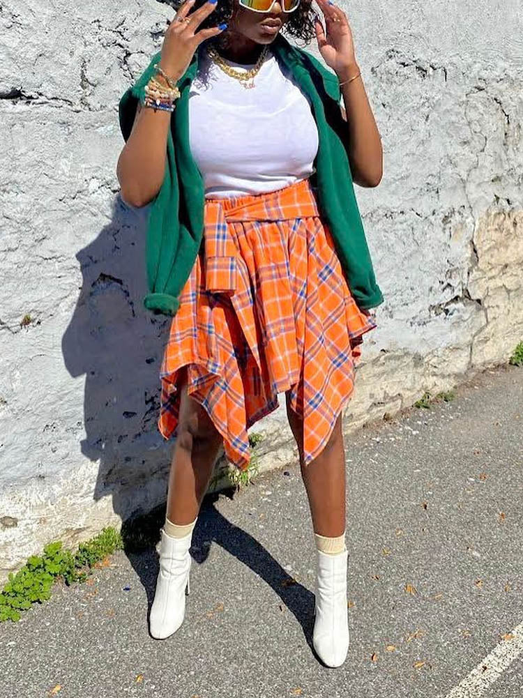 Asymmetric Plaid Midi Skirts
