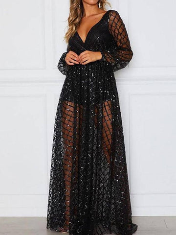 Sequin Mesh V Neck Maxi Dresses