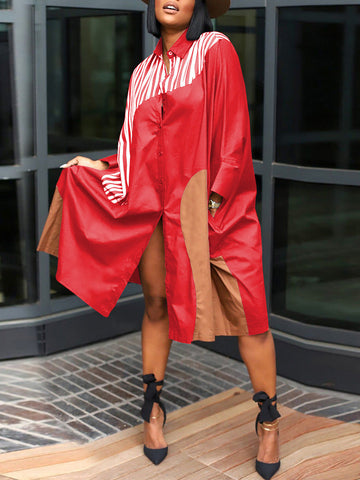 Colorblock Turndown Collar Shirt Dresses