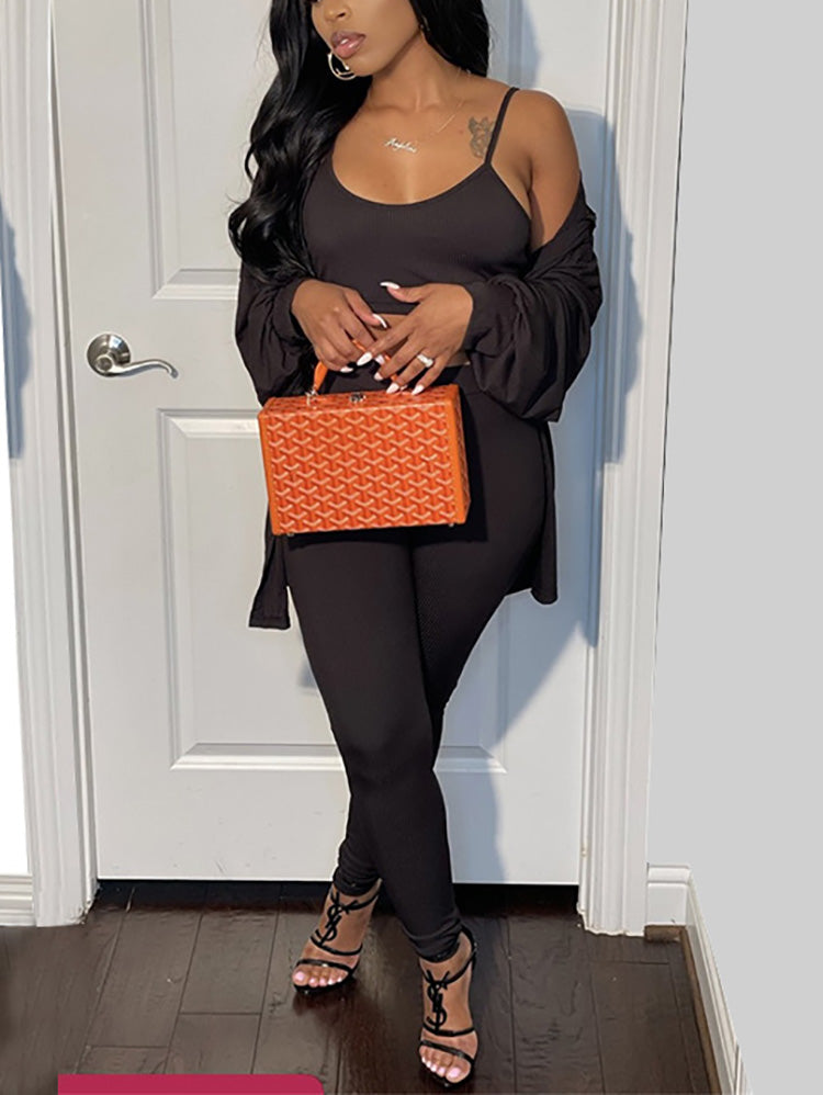 3PCS Button Shirt Pants Set With Crop Cami Top