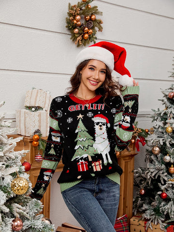 Crewneck Embroidered Knit Sweater â€?Alpaca & Christmas Tree