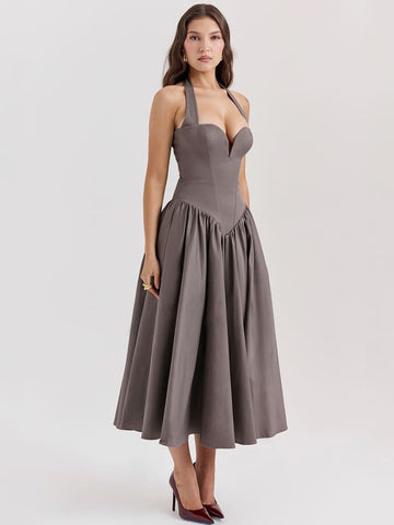 Halter Neck Midi Dress with Side Slit - Smoky Gray