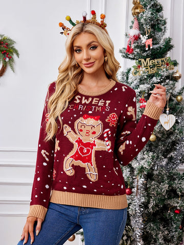 Casual Crewneck Embroidered Sweater â€?Gingerbread Man