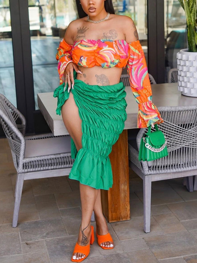 Solid Slit Tie Ruched Skirts