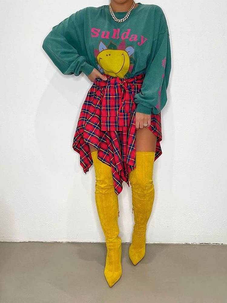 Asymmetric Plaid Midi Skirts