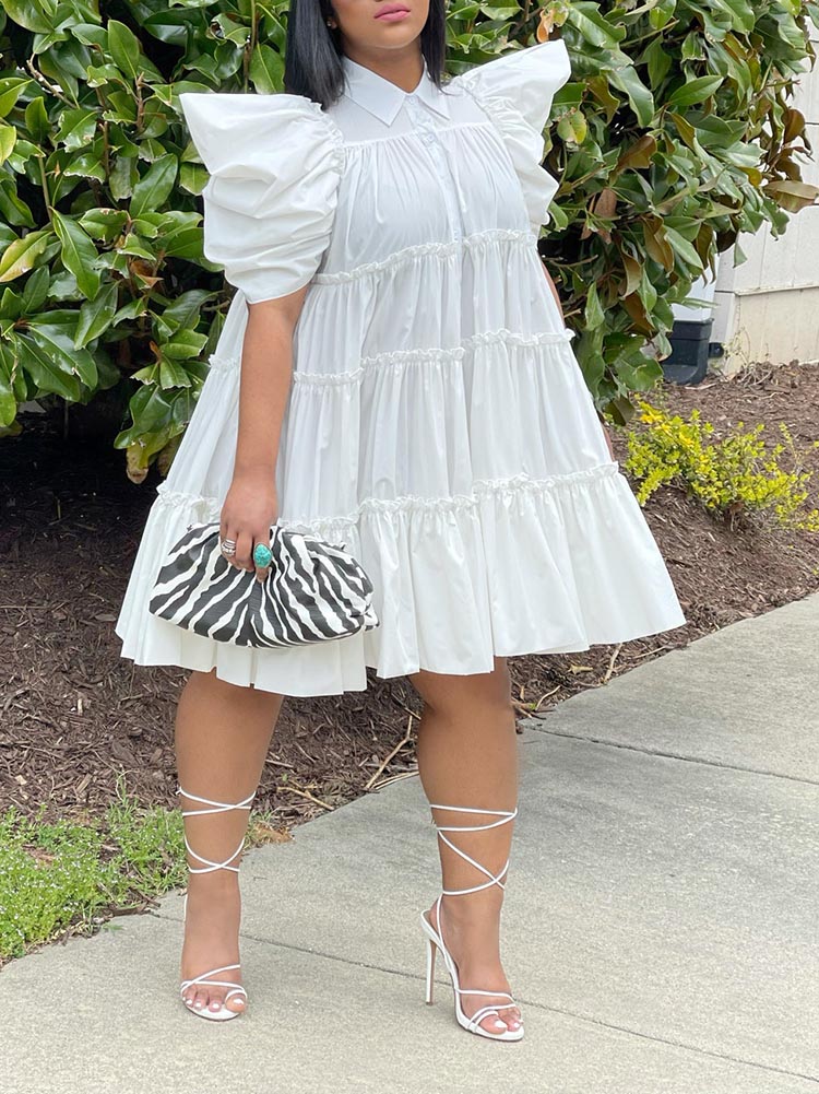 Puff Sleeve Ruffle Shirt Dresses