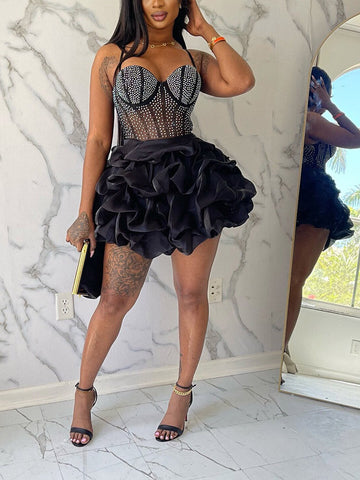 Rhinestone Mesh Ruffle Dresses
