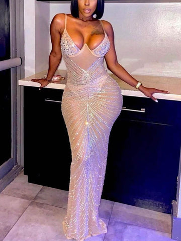 Sheer Mesh Rhinestone Party Dresses