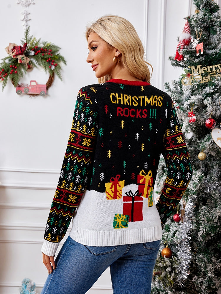 Knit Crewneck Embroidered Sweater â€?Santa Claus & Musical Notes