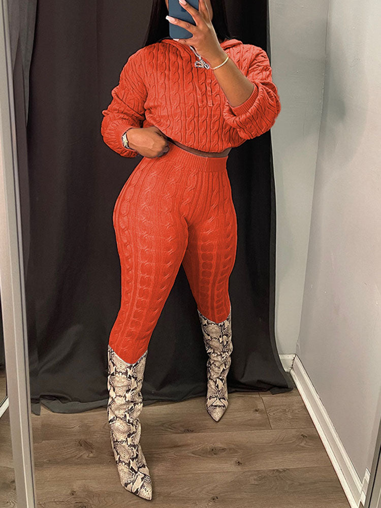 Knit Hoodie Crop Top Pants Set