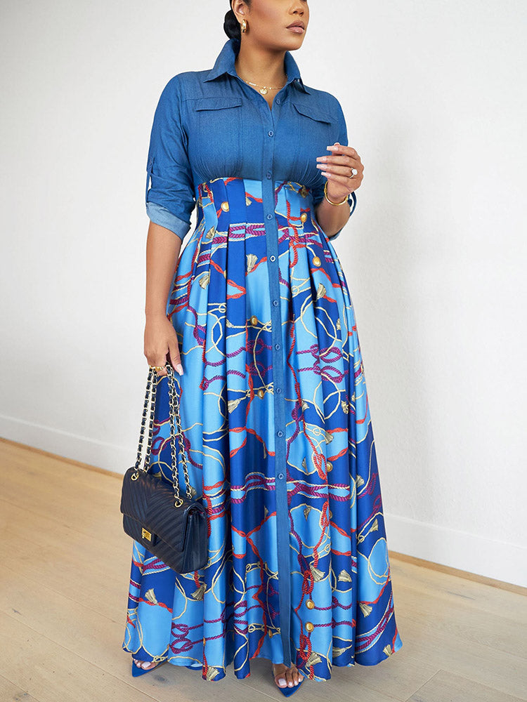 Denim Contrast Print Dresses